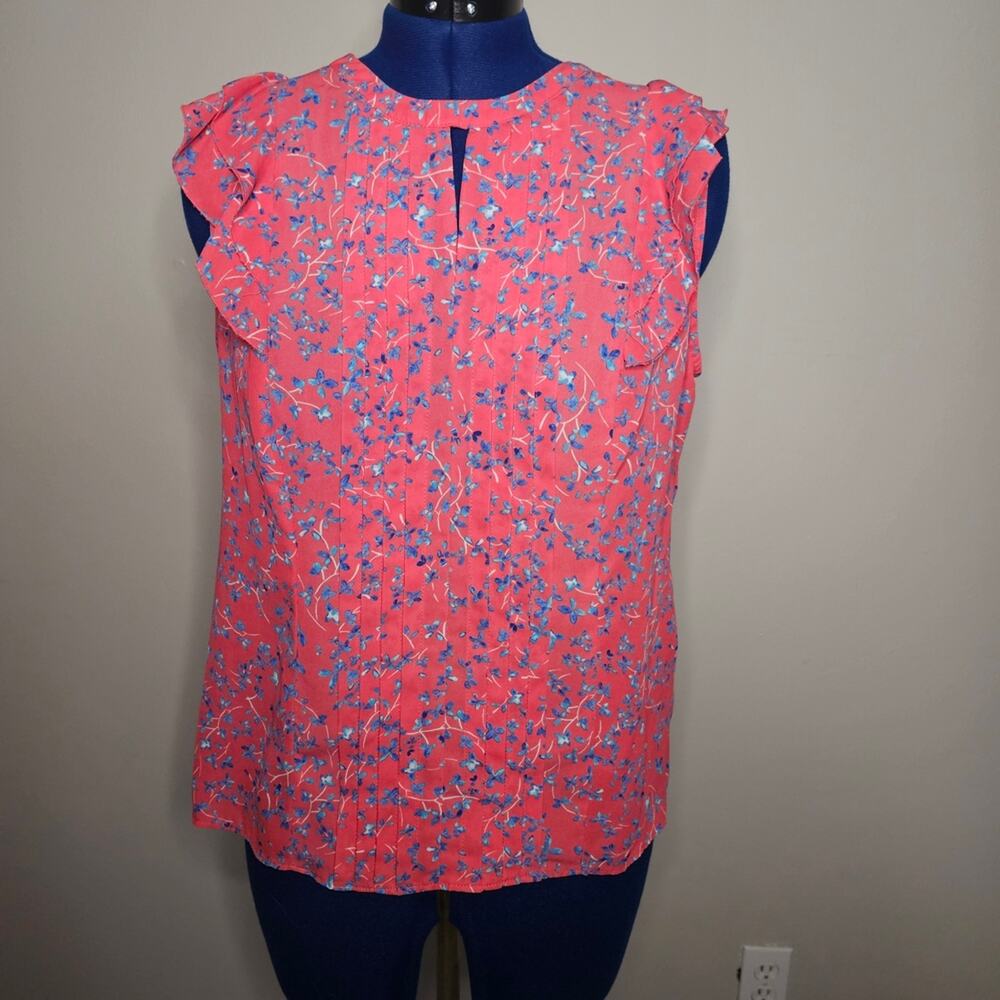 Elle Coral Floral Ruffle Sleeve Blouse Pintuck Keyhole Size L